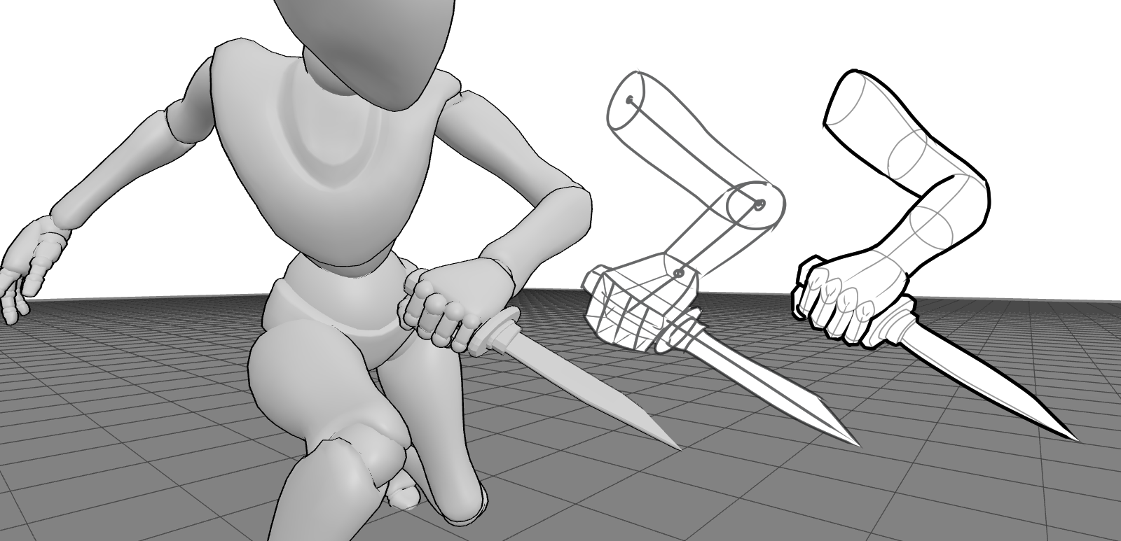 Holding weapon 3D drawing reference and sketch