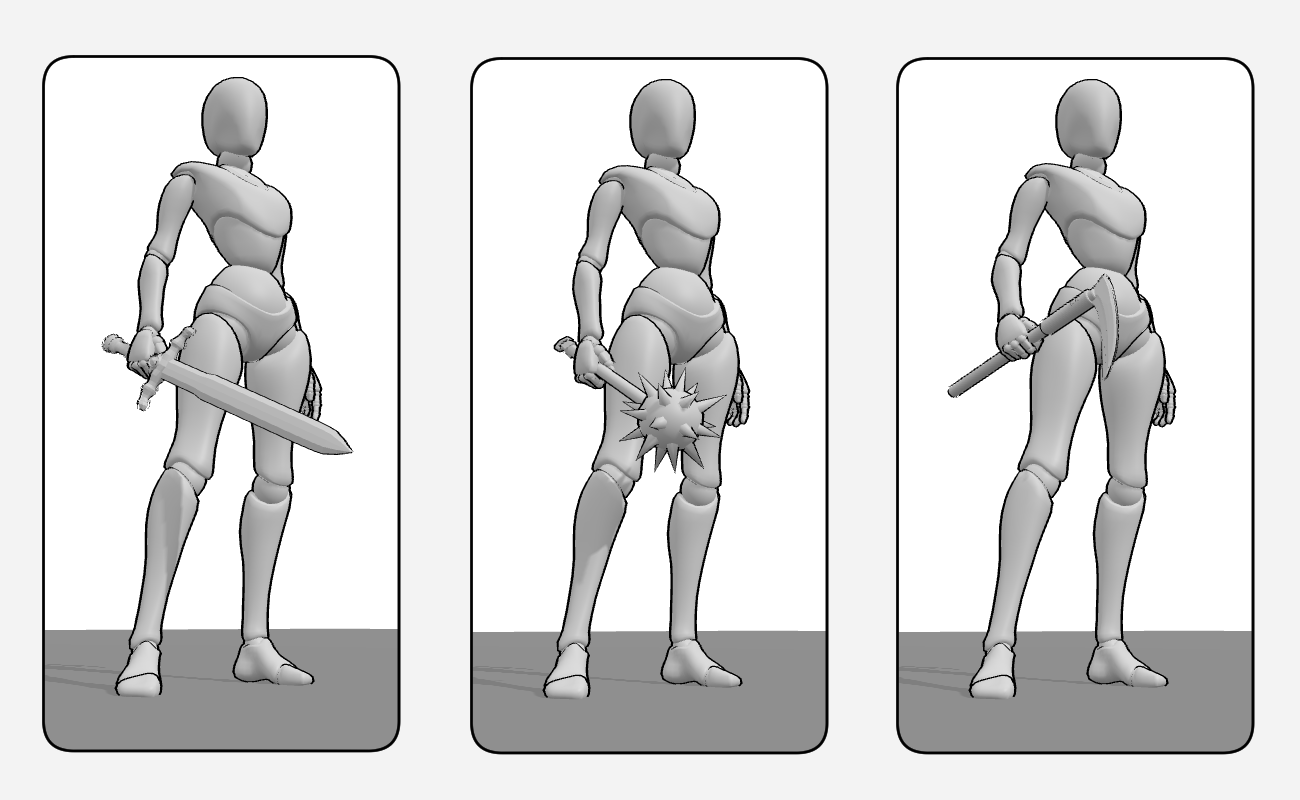 3D Drawing references for practice: One pose, three weapons