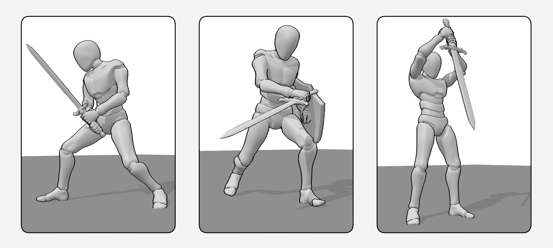 3D Drawing references for practice: One weapon, three grips