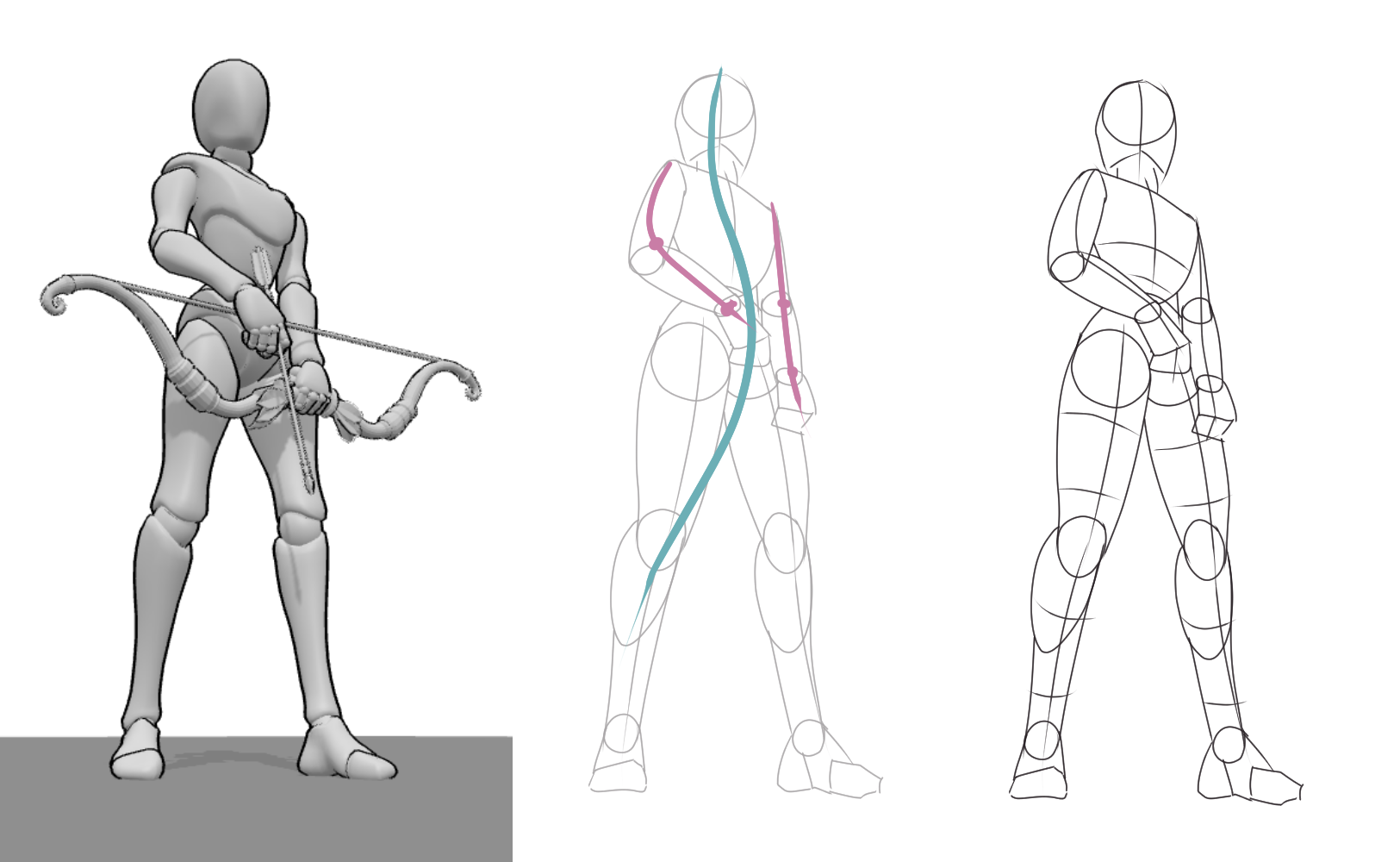 Female holding bow 3D drawing reference pose and sketch, line of action