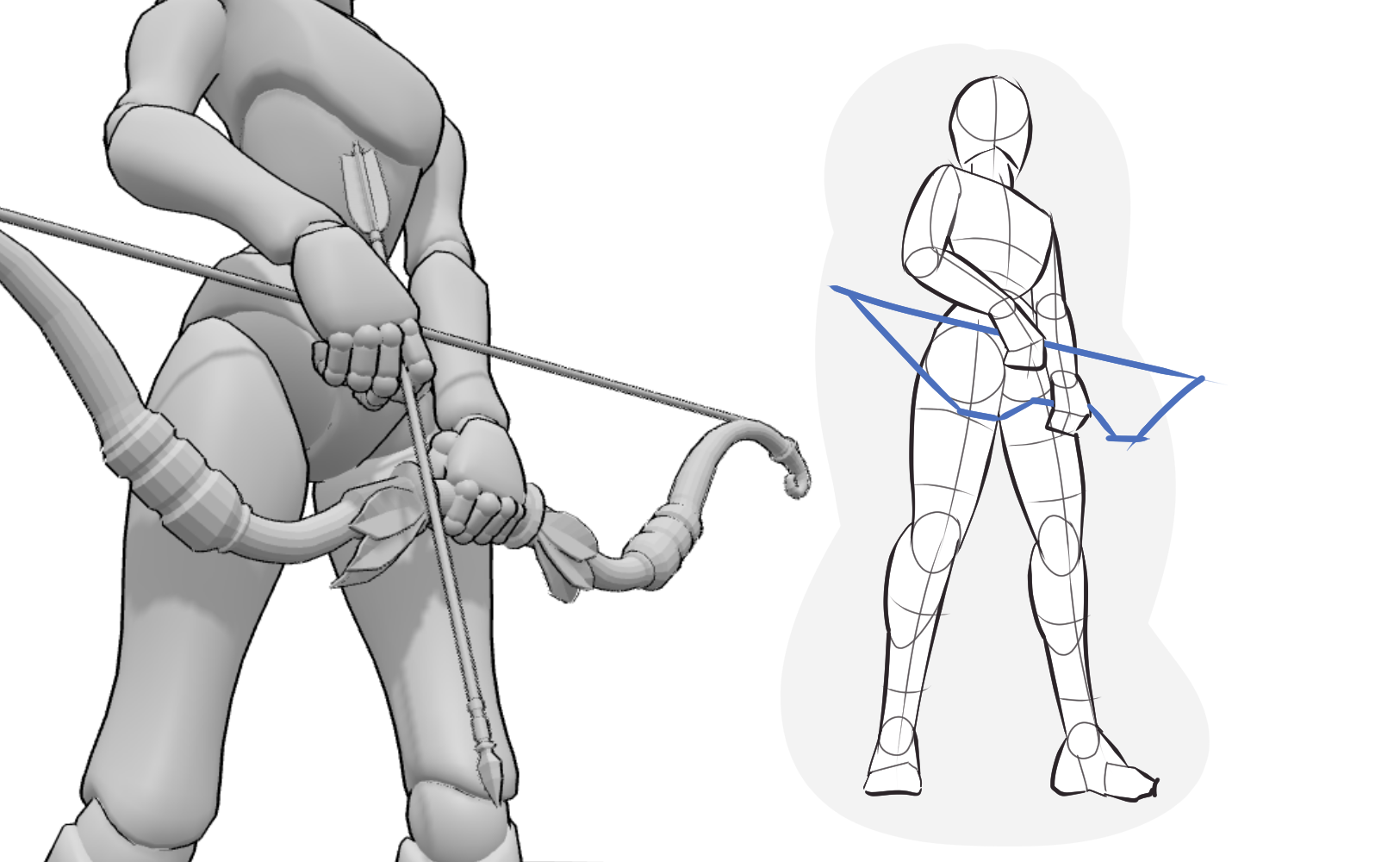 3D drawing reference: Hands holding a bow and sketch