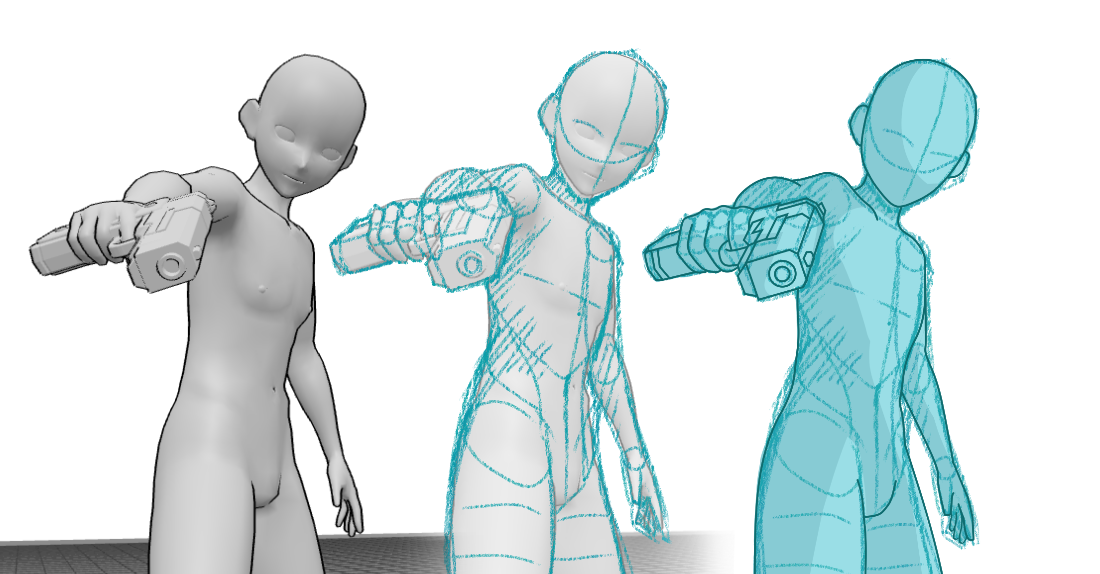 anime male aiming a gun, foreshortened drawing reference and drawing