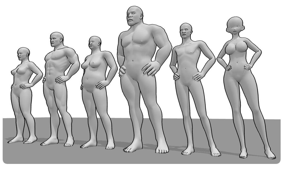 Female and male body types compared in the same standing pose