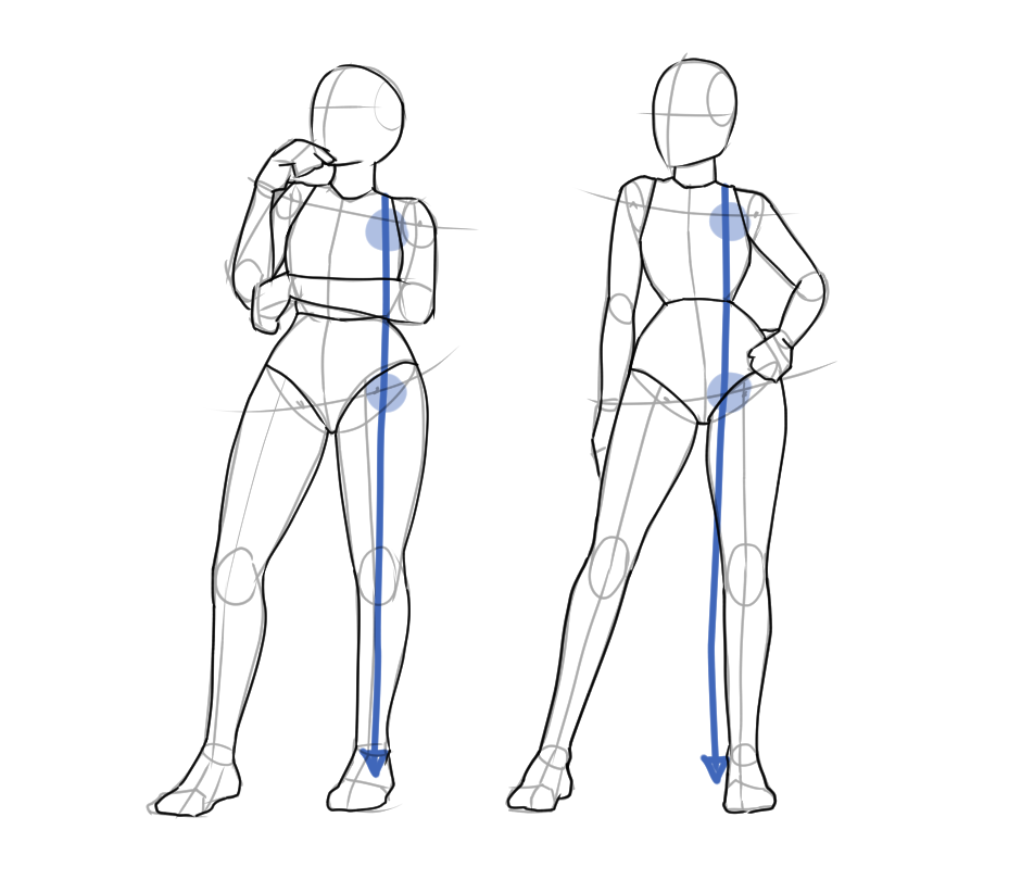 Figure drawings showing the line of balance through standing poses