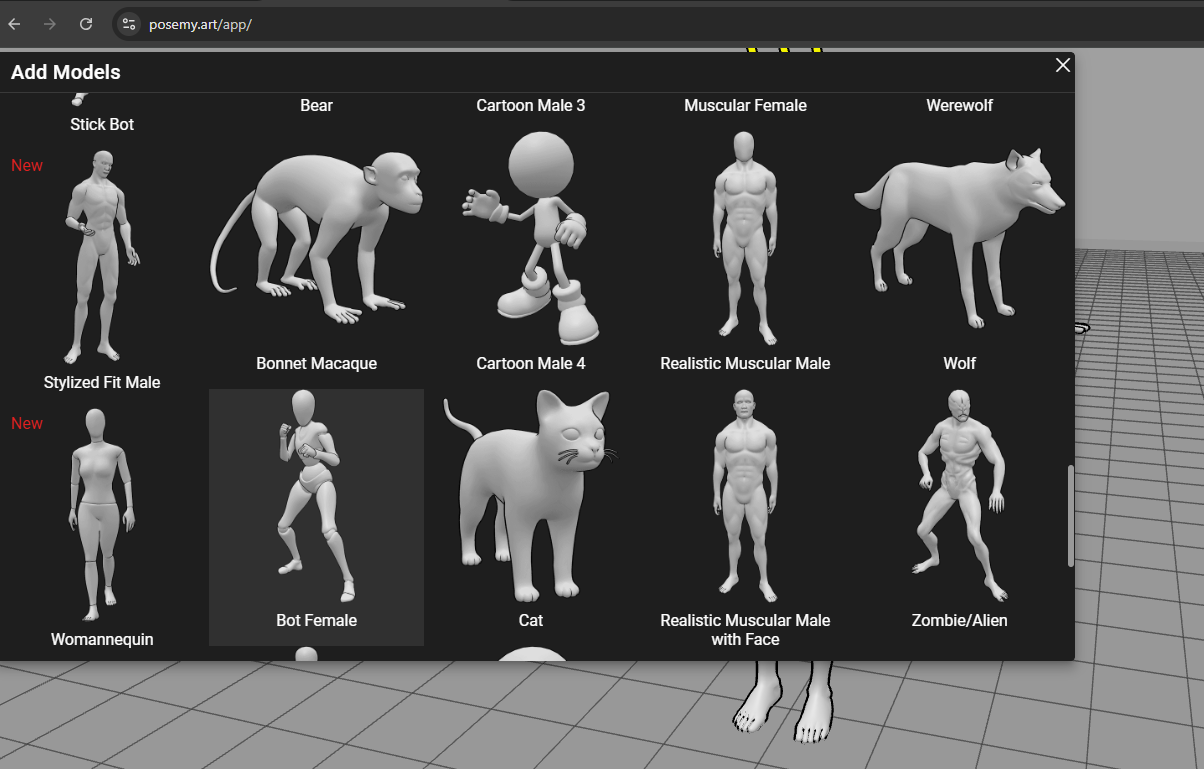 Choosing a Model in PoseMyArt