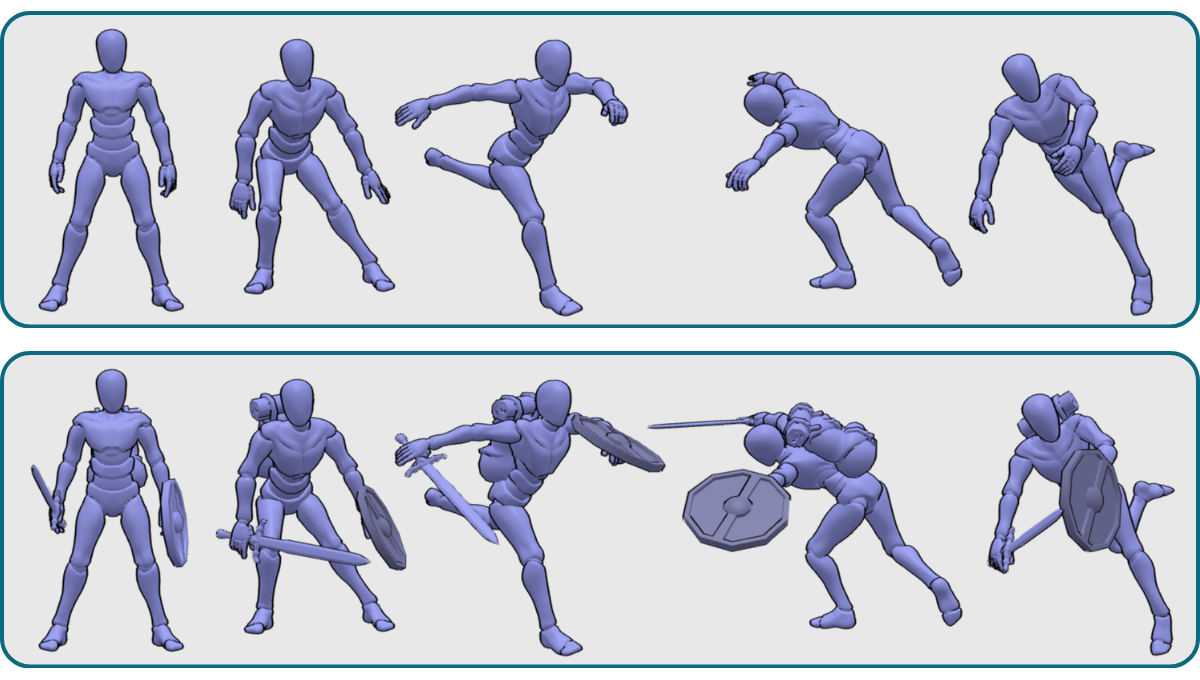 Comparison of screenshots of animated model without props and with props attached.