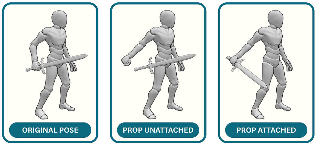 Images comparing sword holding pose with arm moved backward, comparing unattached and attached props.