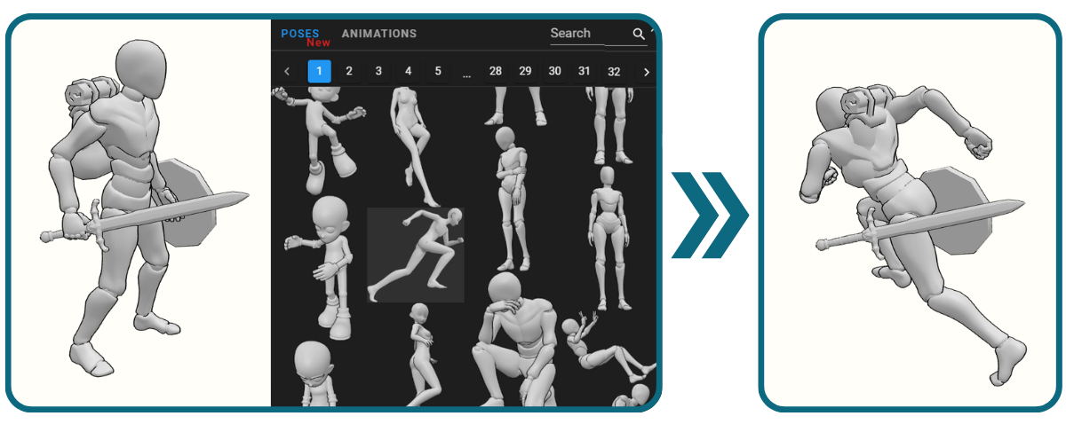 Model with props in standard standing pose versus dramatic change in pose showing props still in original positions.