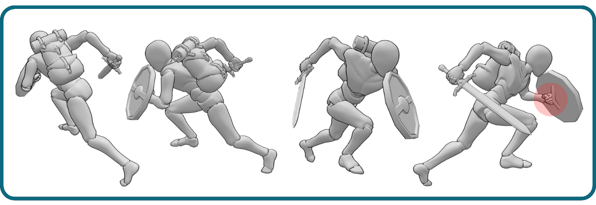 Comparison model with props attached and dramatic change in pose where props follow joints in the new pose