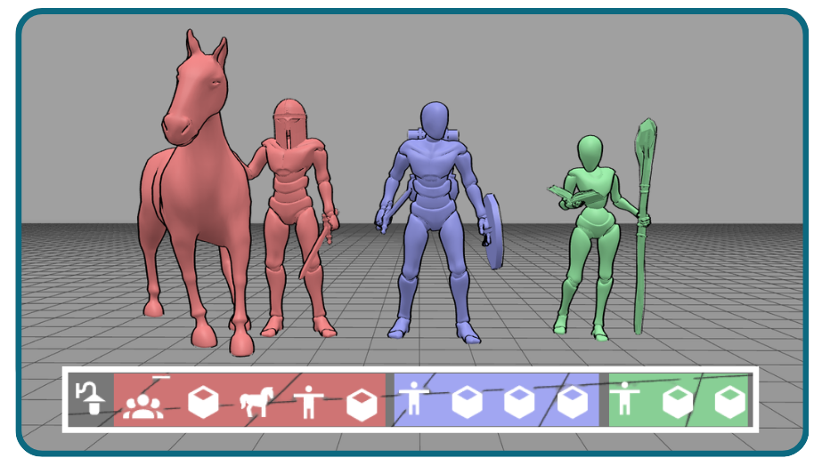 Three different models with props attached, each group with different colors and showing the icons on the model menu bar.