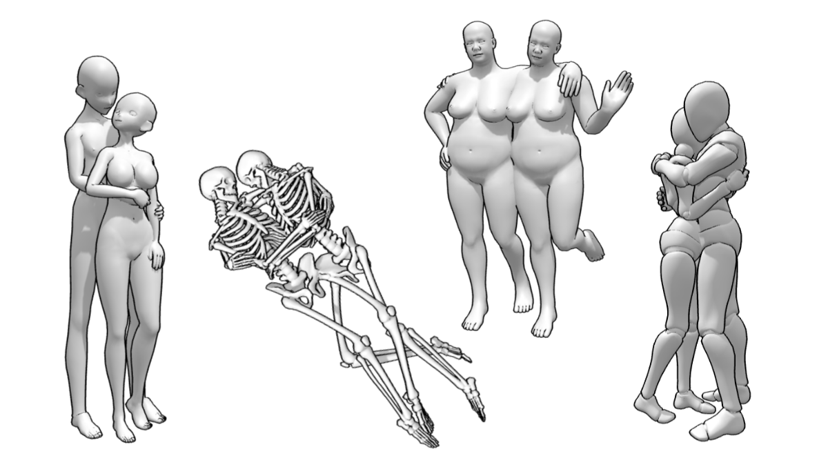Samples of PoseMyArt premade scenes with hug poses