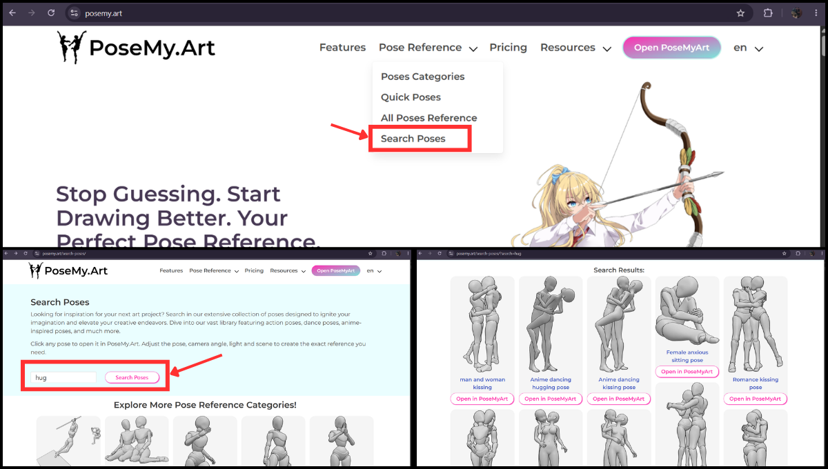 Samples of PoseMyArt premade scenes with hug poses