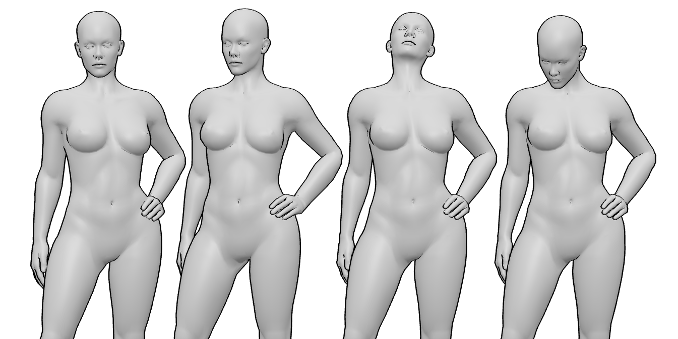 Female 3D pose references showing four different head angles and rotations
