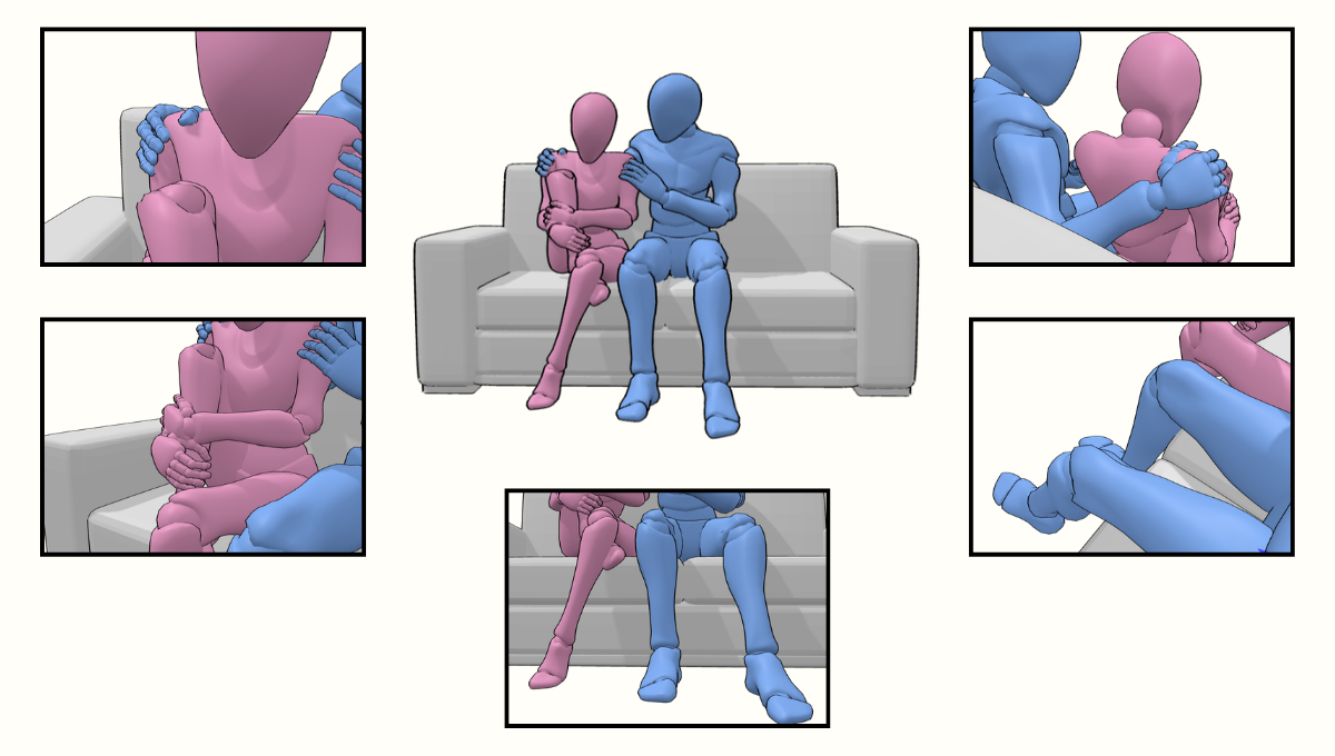Scene with two characters on couch showing different angles, focusing on the hands and feet.