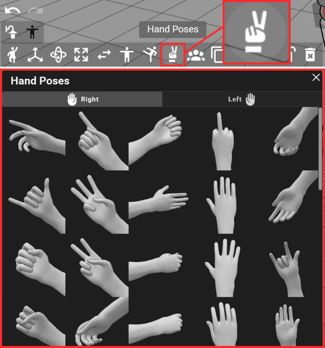 Hand poses icon and location, plus hand poses pop up menu