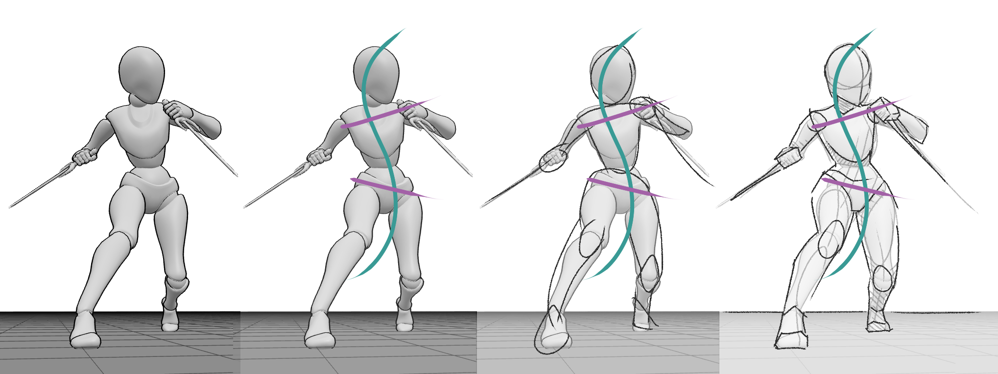 drawing over a 3D pose reference, starting with S-curve and focusing on gesture