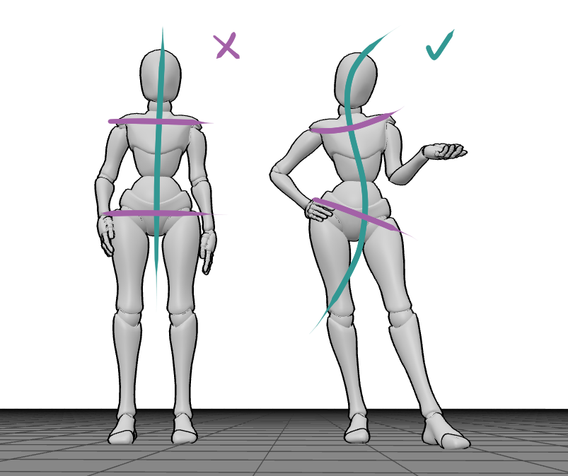 stiff standing pose and dynamic standing pose with S-curve | 660