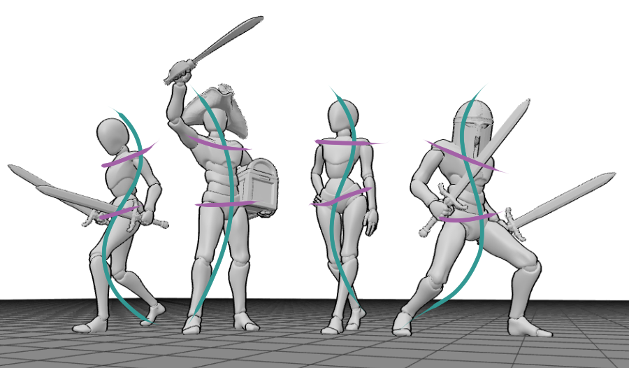 variety of pose references showing the line of action