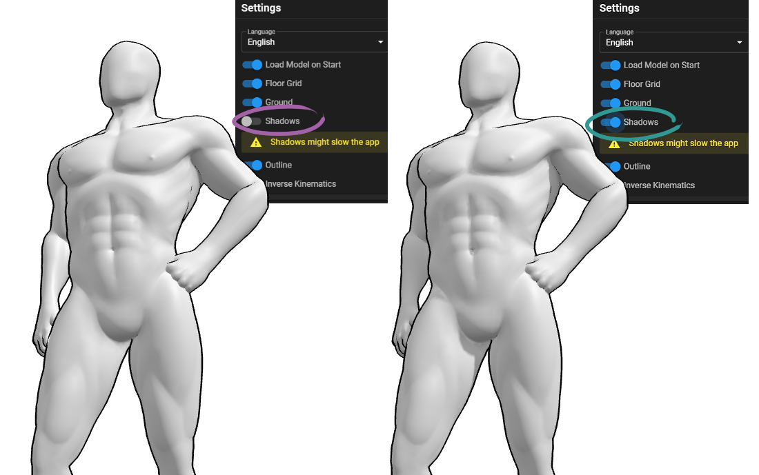 Adjusting shadows in PoseMyArt