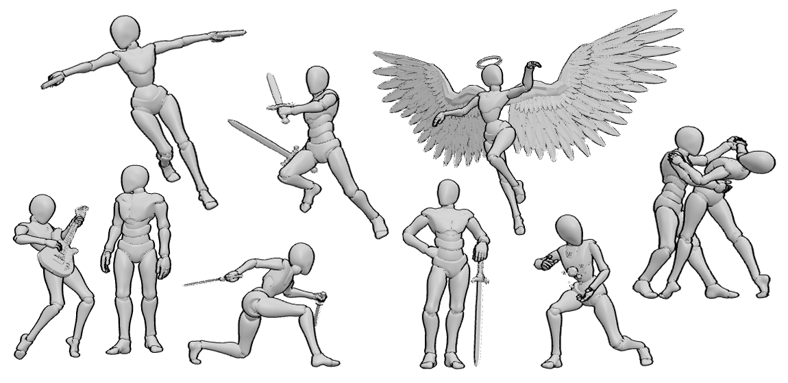 Collection of random pose references displayed for quick sketching practice with different body positions and movements