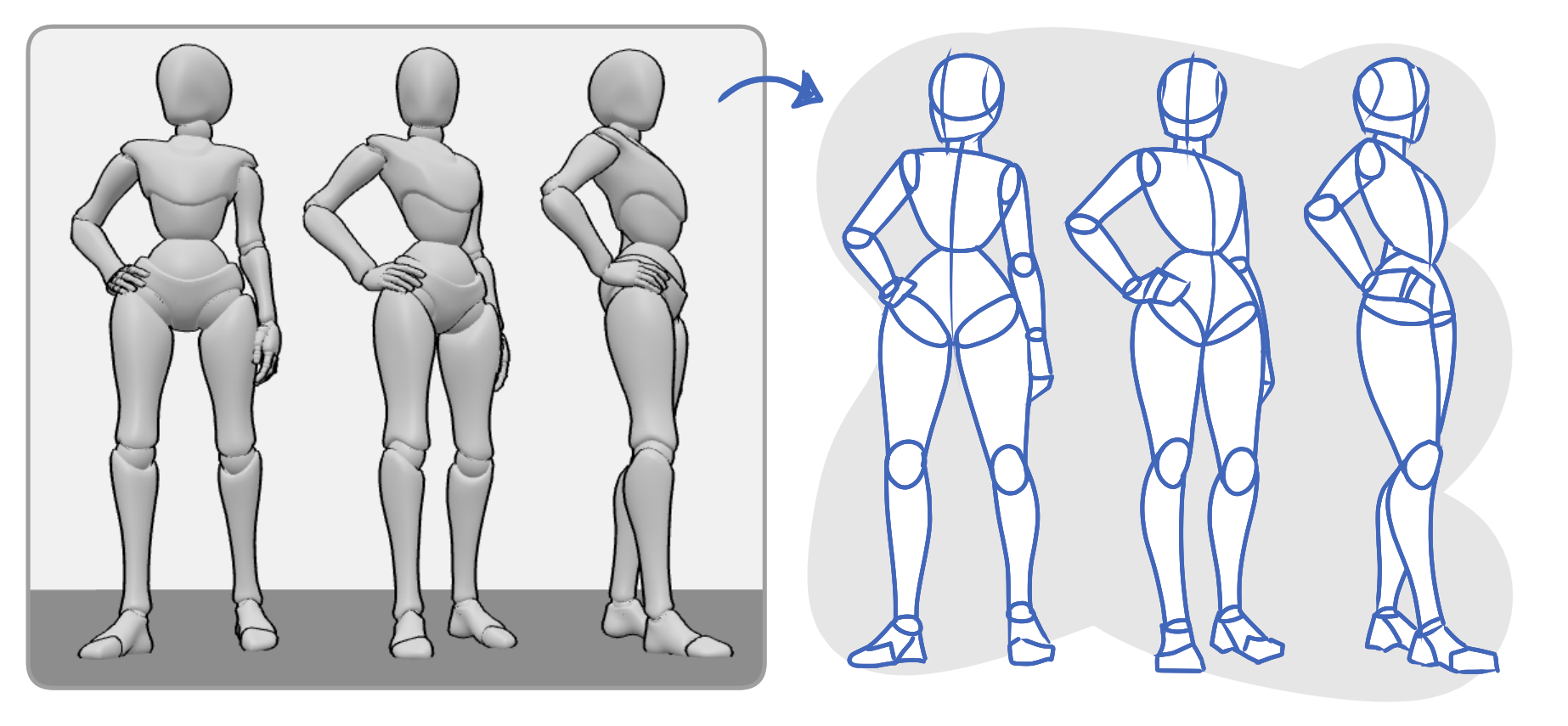 3D Reference Pose From Different Angles And Simplified Drawings Using Basic Shapes and Structure