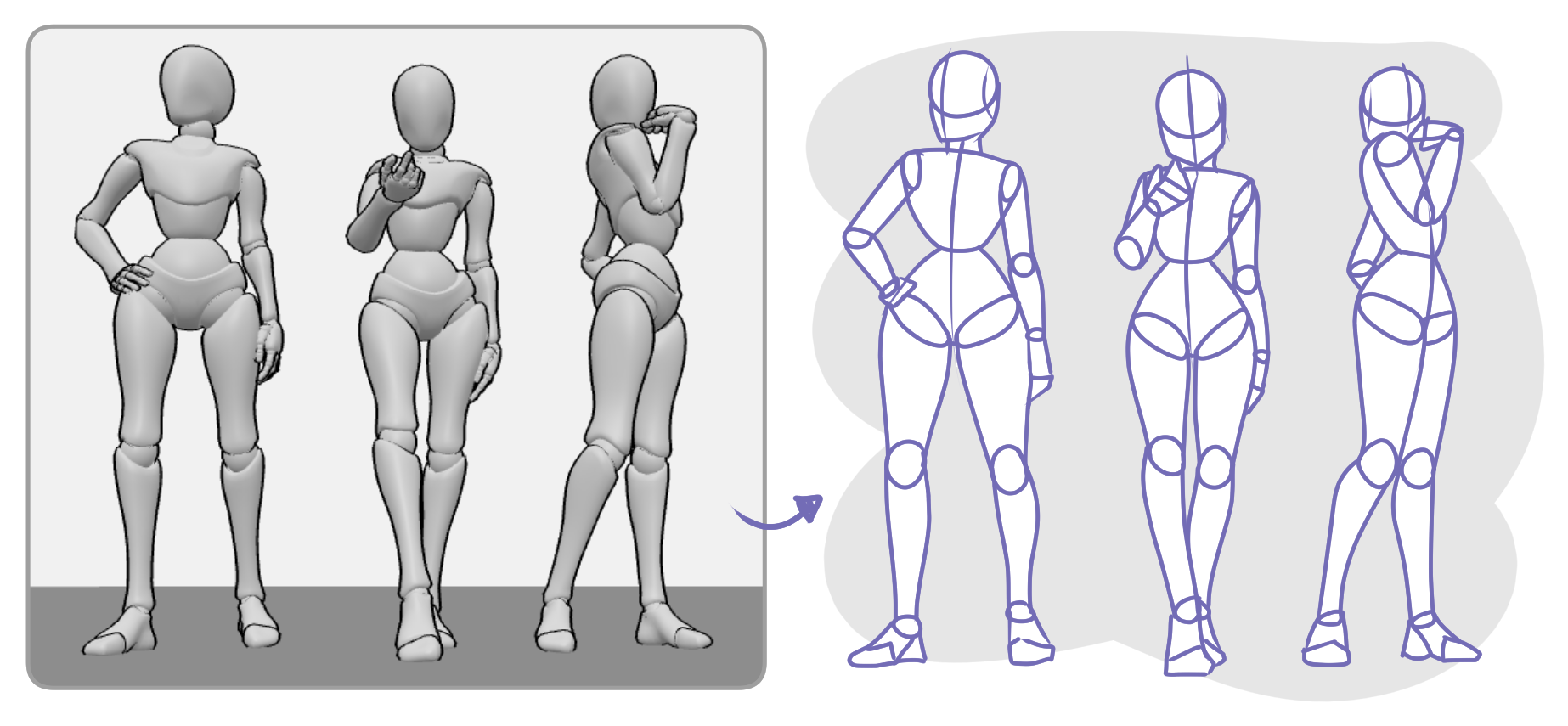 3D Reference Poses And Simplified Drawings Using Basic Shapes and Structure