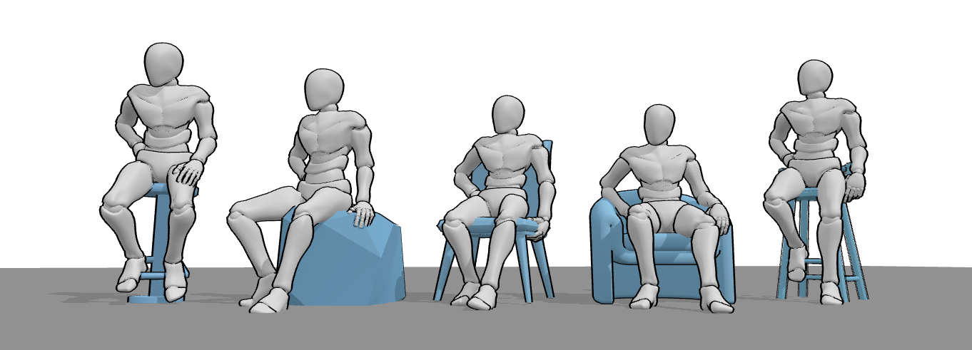 Male 3D reference sitting in the same pose on different surfaces, including chair, armchair, rock, bar stool