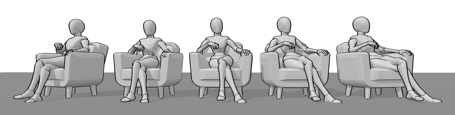 The same 3D sitting pose viewed from multiple camera angles for perspective drawing reference