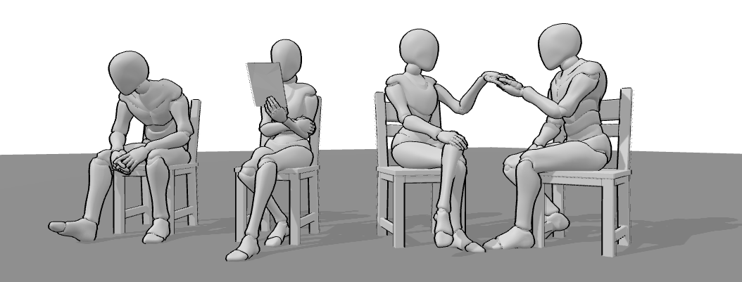 Sitting pose references: male waiting pose, female reading pose, female and male flirting pose