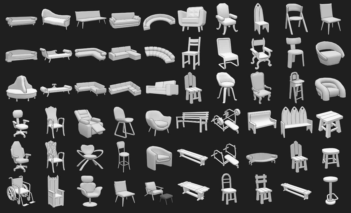PoseMyArt Props Library: Collection of sitting props including chairs, sofas, benches, stools, and other furniture