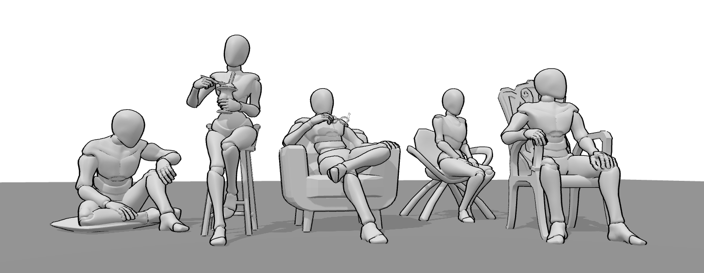 Variety of sitting poses, female and male sitting pose drawing references