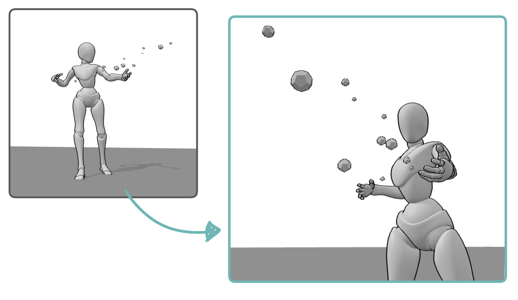 Spell casting pose shown from two different camera angles, demonstrating how perspective changes the feeling of power and movement