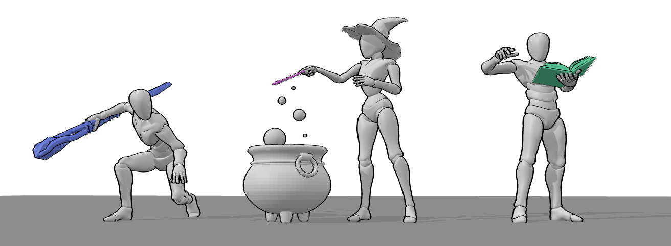 Wizard and witch spell casting poses using different magical tools, including a staff, wand, and spellbook, showing how objects influence body movement and balance
