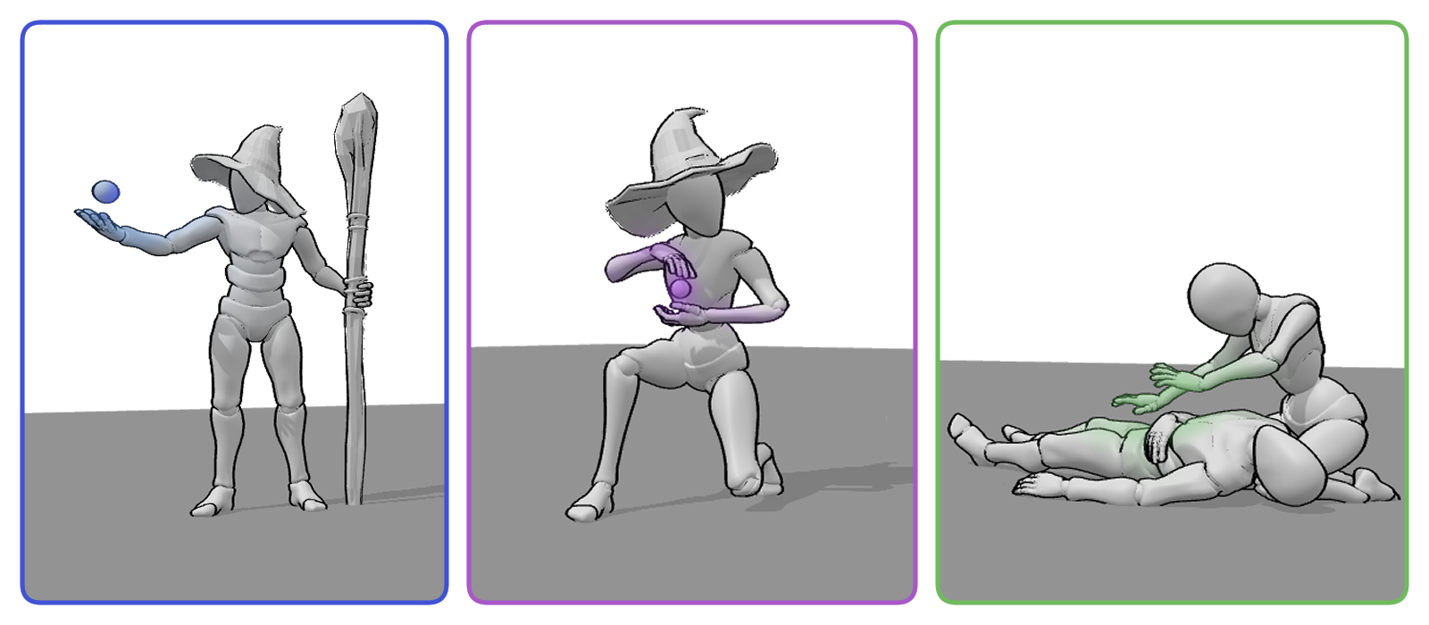 Fantasy spell casting poses of a wizard, witch, and healer, showing how different characters express magic through unique movements and postures