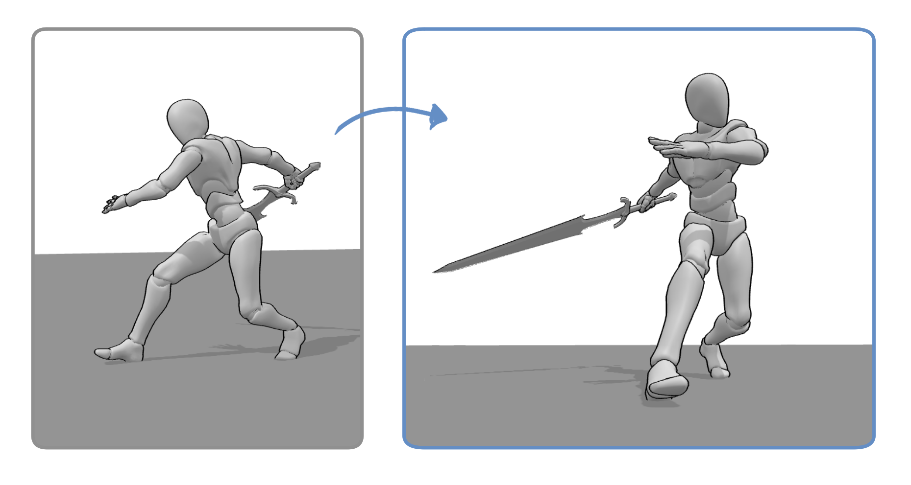 The same sword fighting pose viewed from two camera angles