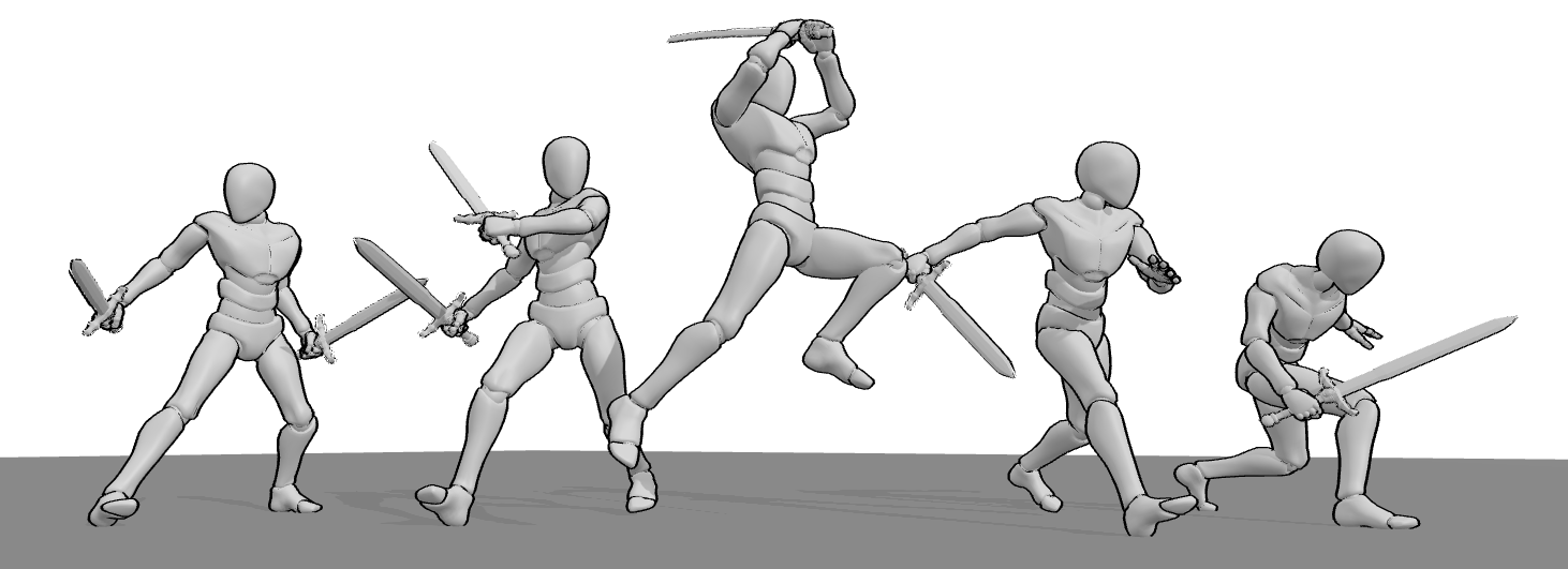 Sword fighting poses showing a variety of attack swings and thrusts