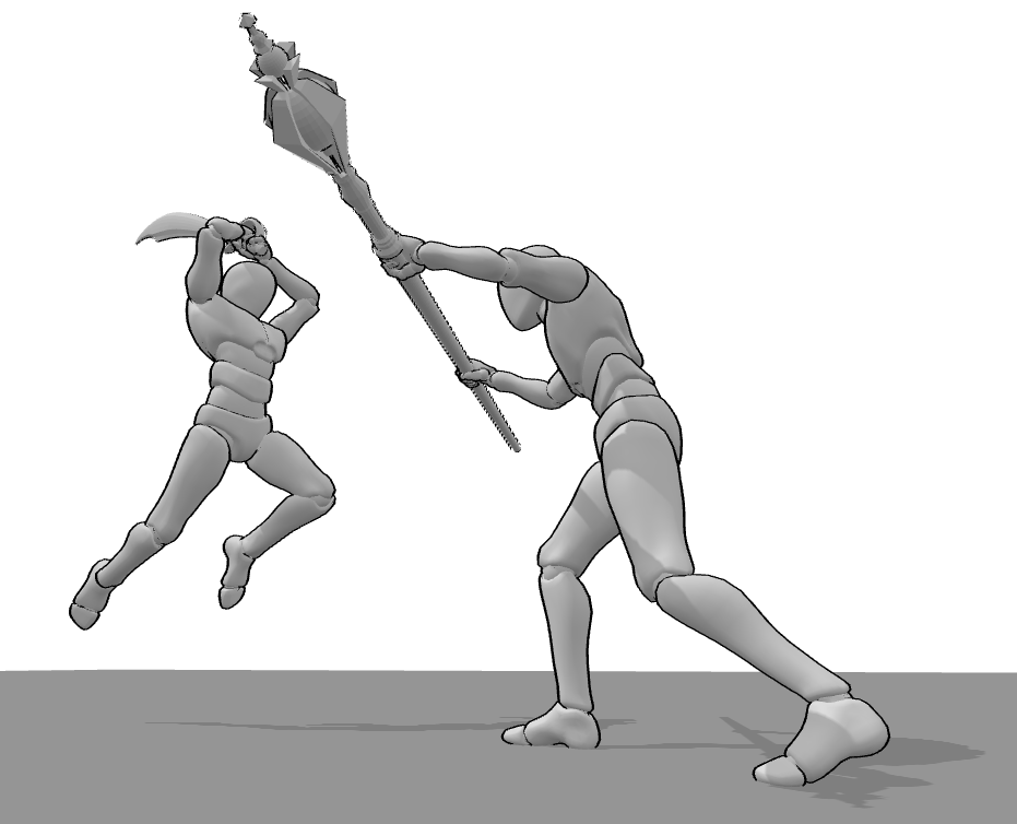 Sword fighting pose showing the moment before the strike
