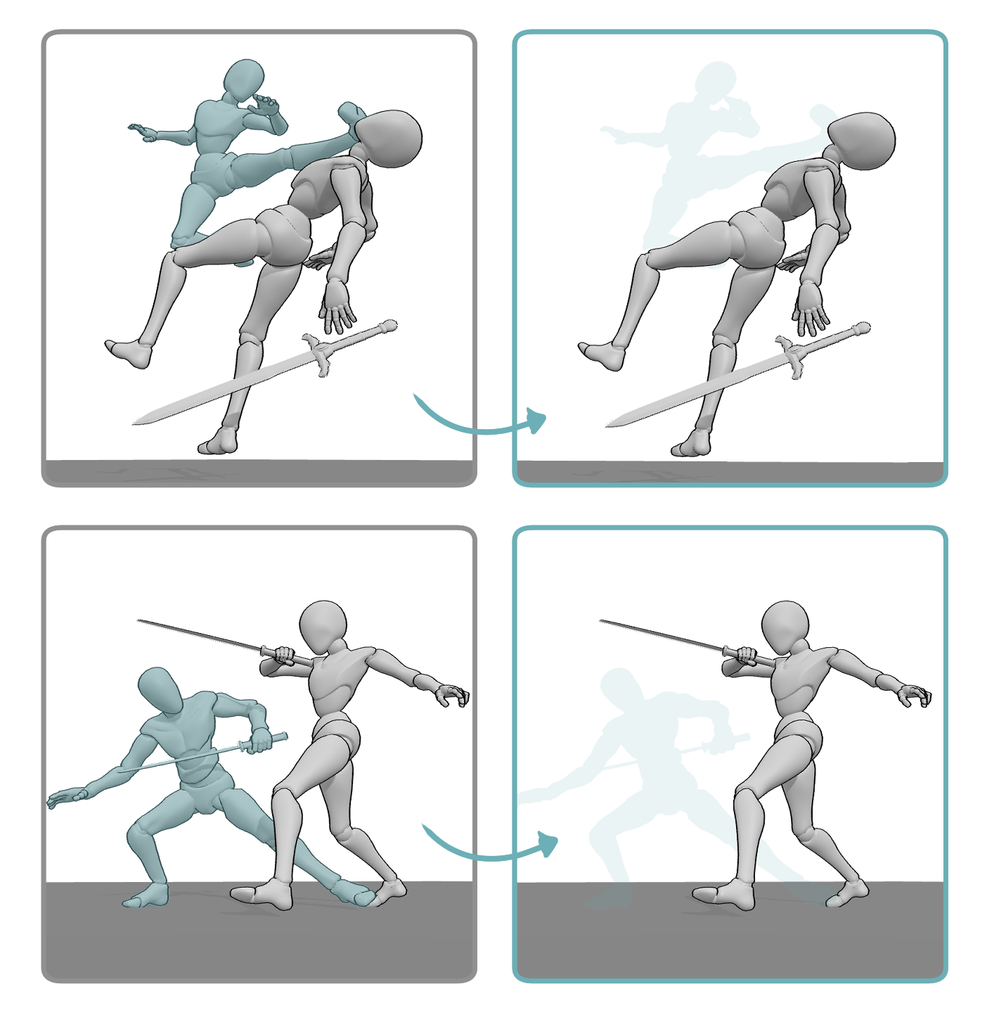 Sword fighting poses compared with the same poses shown without the opponent