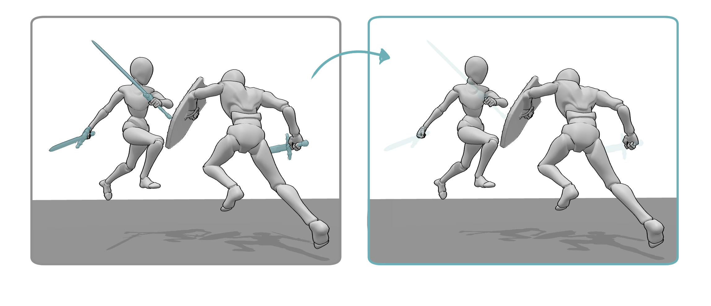 Sword fighting poses compared with the same character poses without swords