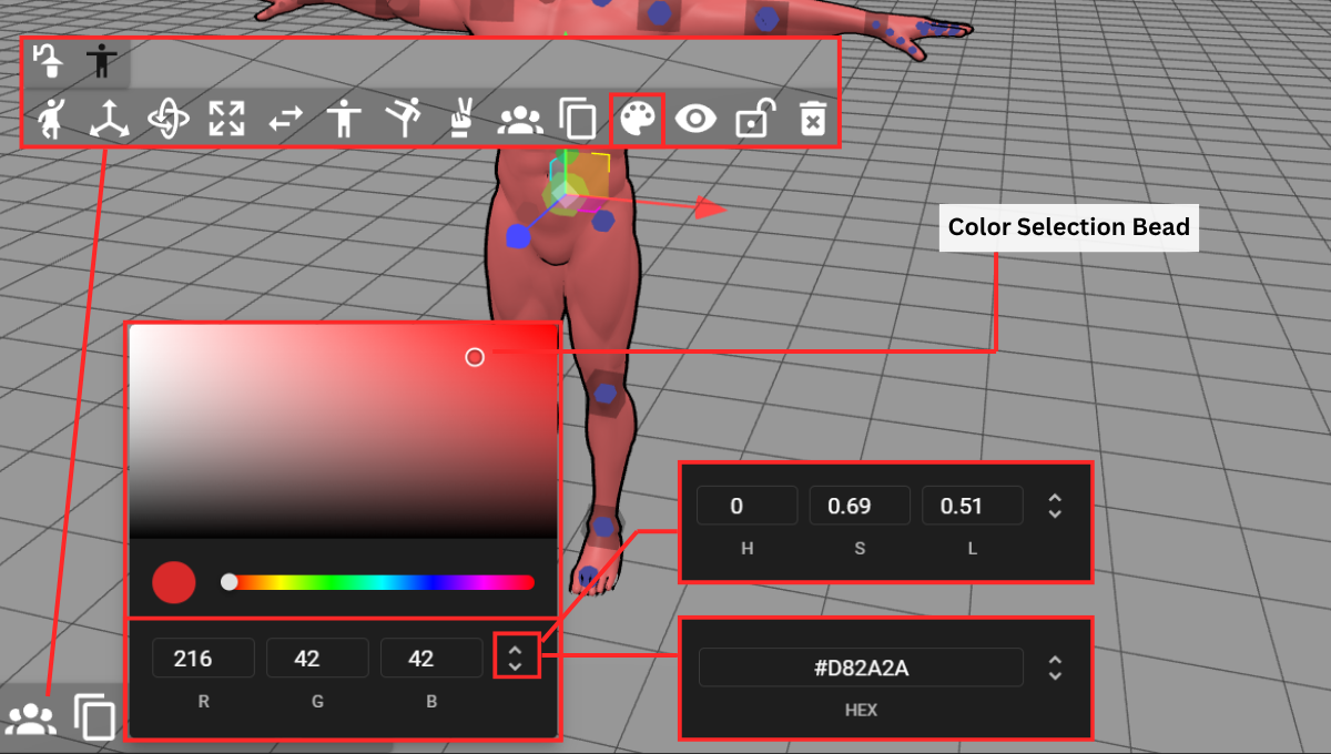 Color selection window with different color code boxes