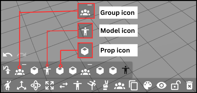 Main toolbar group, model, and prop icons