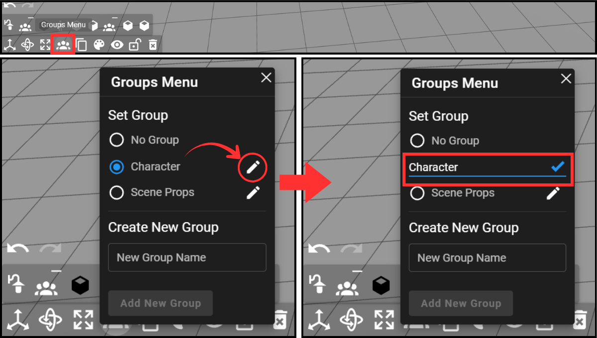 Opening Groups Menu and showing the pencil icon to rename groups