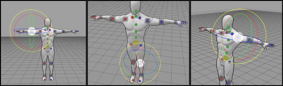 Showing rotation rings when selecting different specific model joints. Right elbow, left knee, and left shoulder joints.